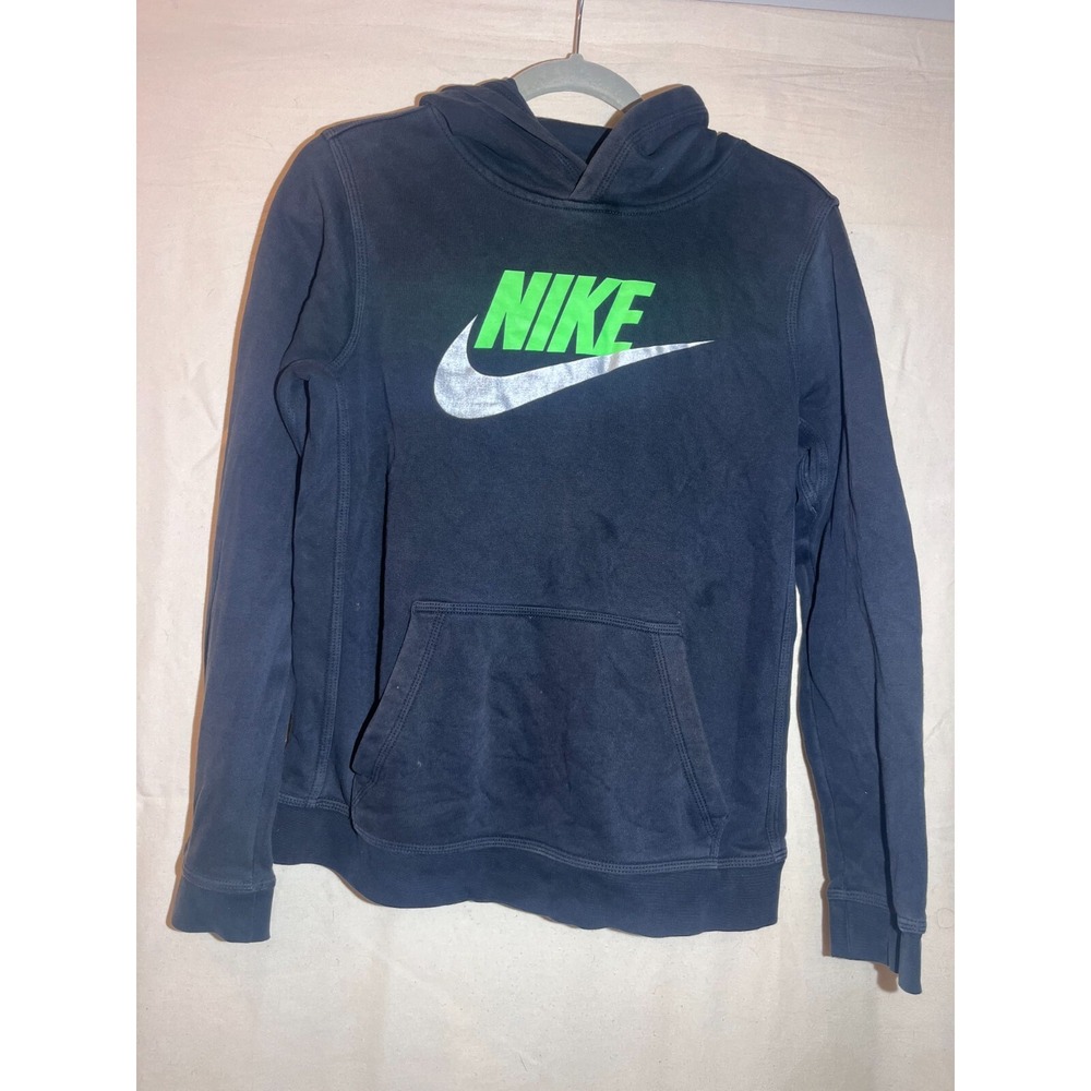 Nike Sportswear Signature Logo Youth Black Hoodie Silver/Green Logo Size XL U89